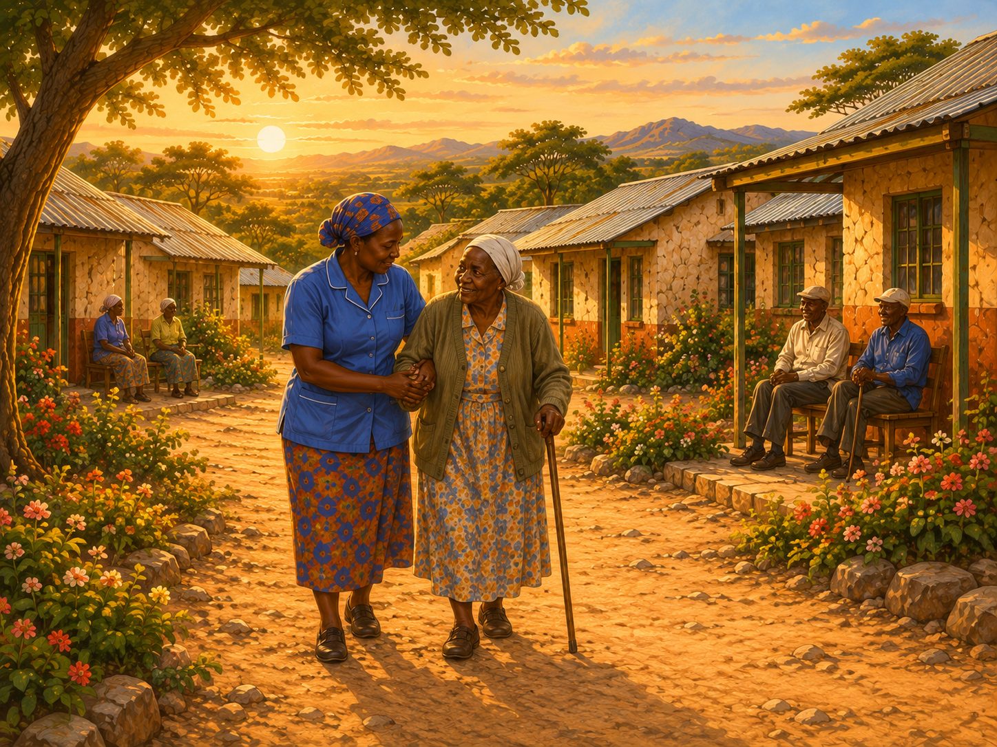 Illustration of a caregiver walking arm in arm with an elderly woman through a village