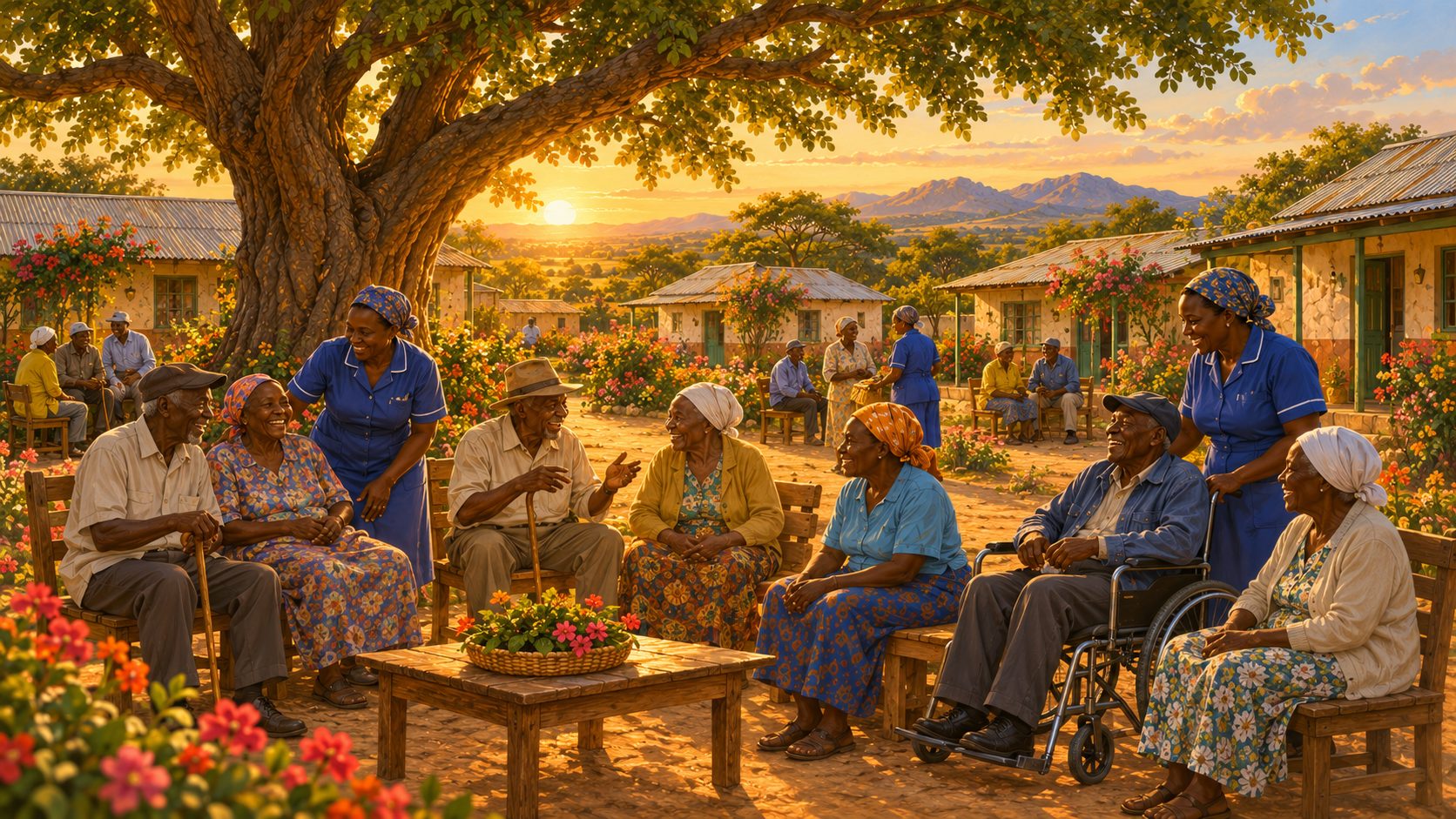 Illustration of residents and caregivers gathered together under a tree in the garden