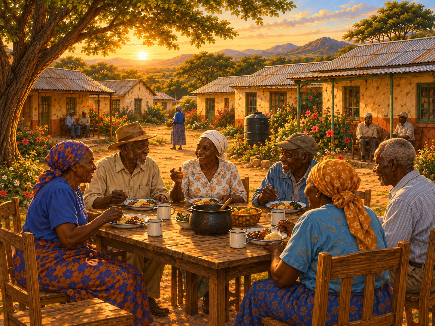 Illustration of residents sharing a meal together at an outdoor table