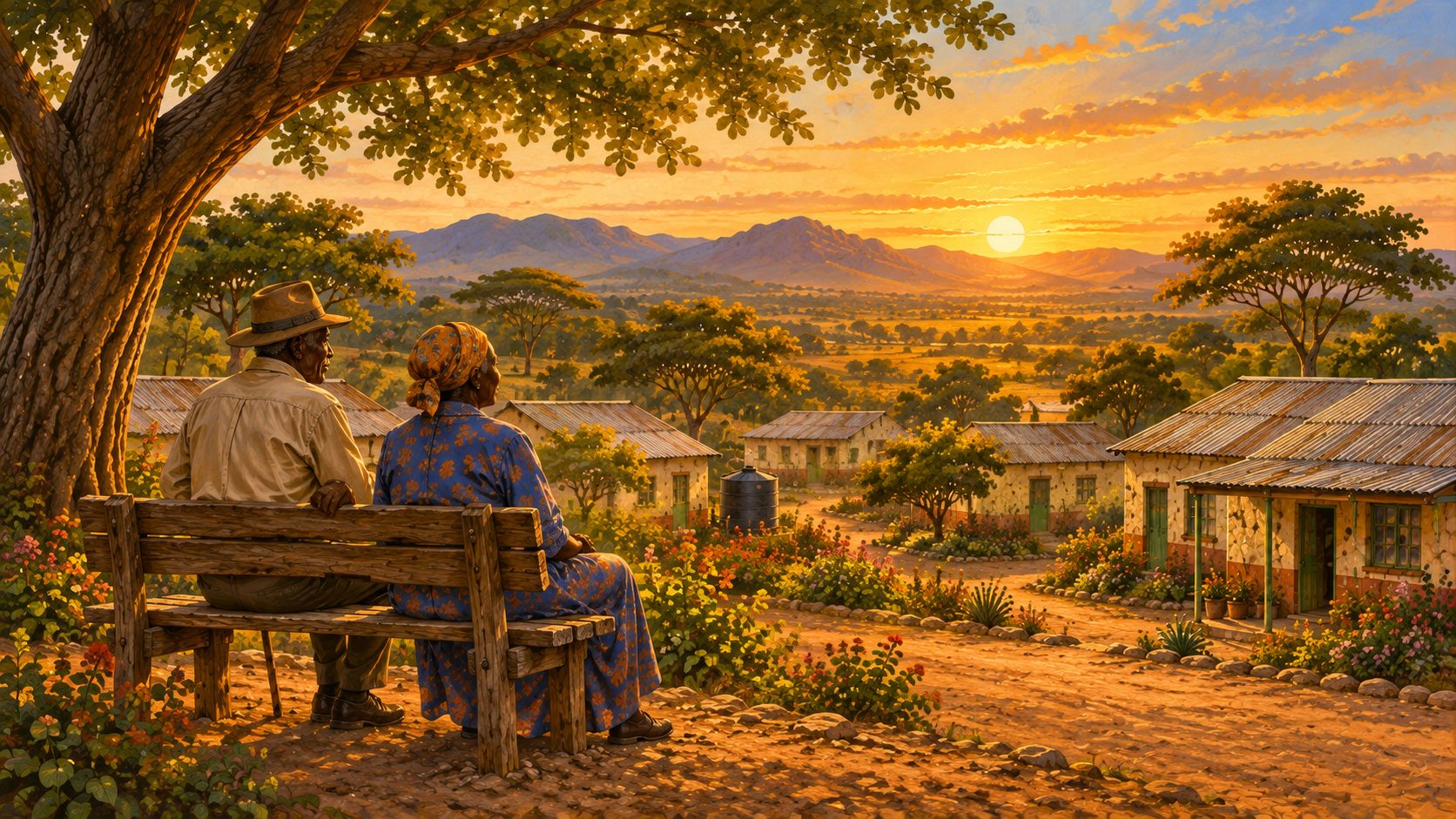 Illustration of two elders sitting on a bench overlooking the village at sunset