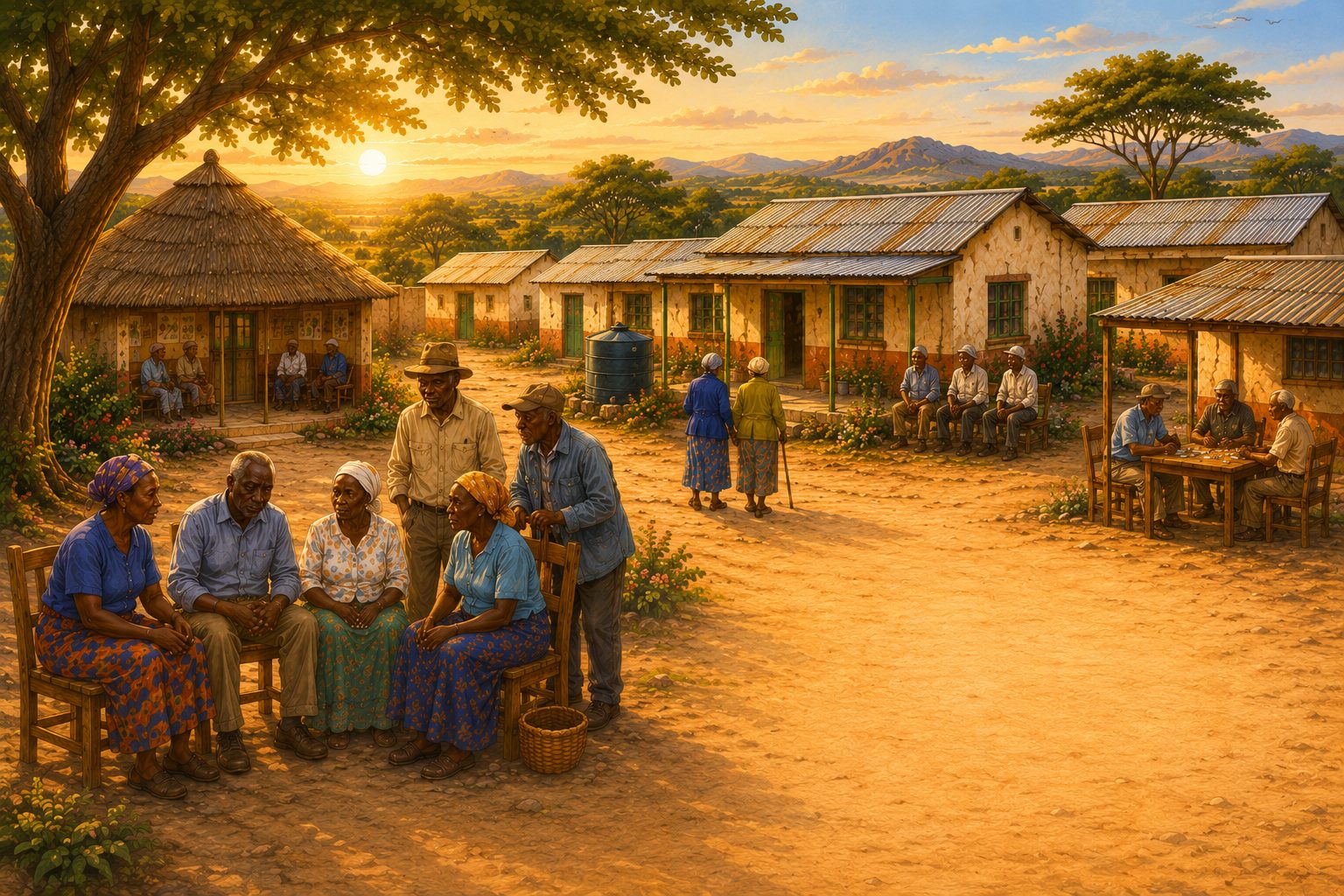Illustration of elderly residents gathering under a tree in a Zimbabwean village at sunset